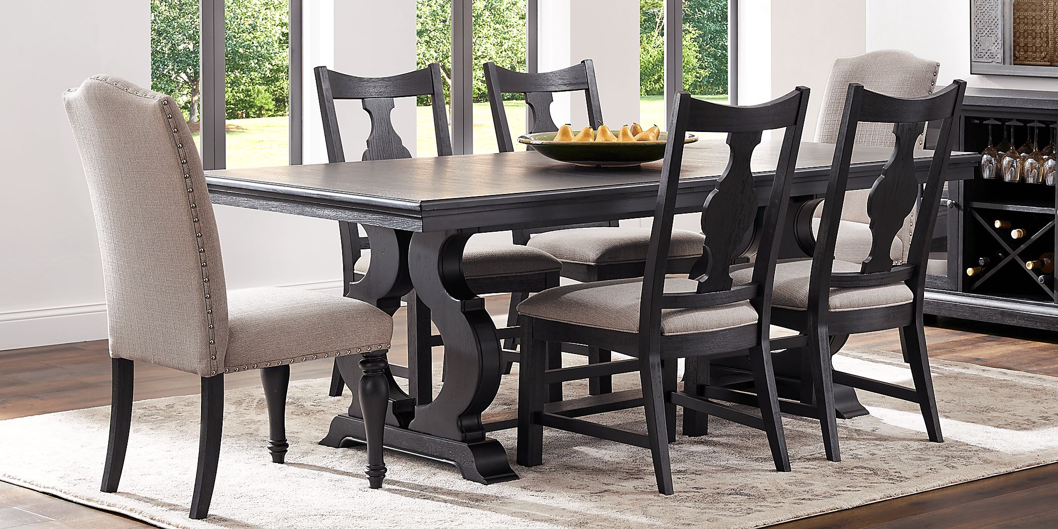 Rooms To Go Sillsbee Place Black 7 Pc Rectangle Dining Room with Wood Back Chairs